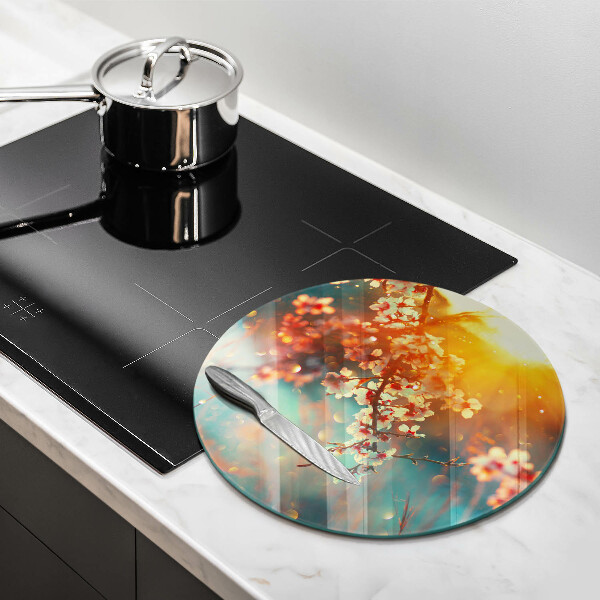 Chopping board glass Apple flowers in the sun