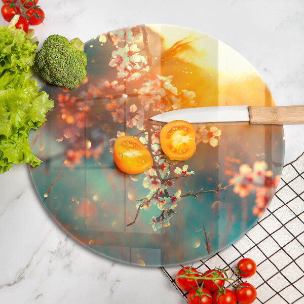 Chopping board glass Apple flowers in the sun