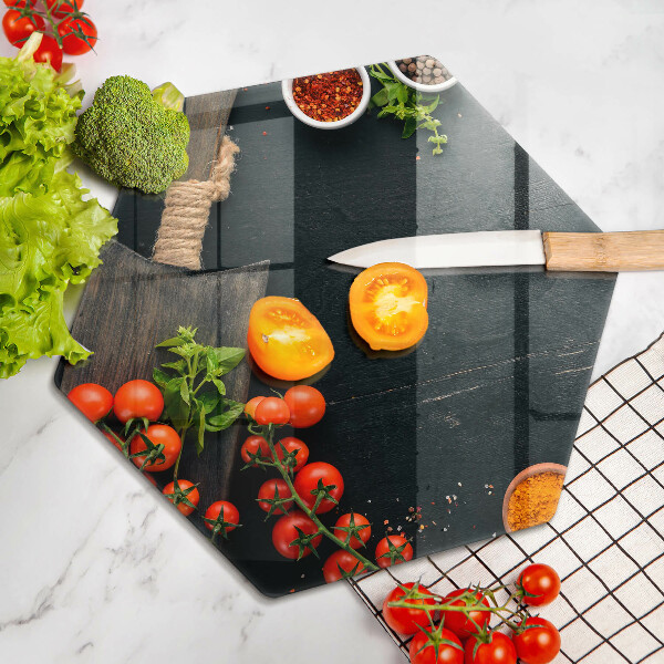 Glass chopping board Cherry tomatoes
