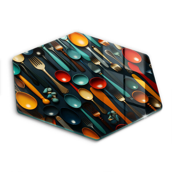 Chopping board Colorful spoons and forks