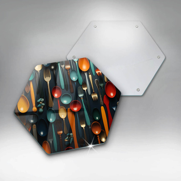 Chopping board Colorful spoons and forks