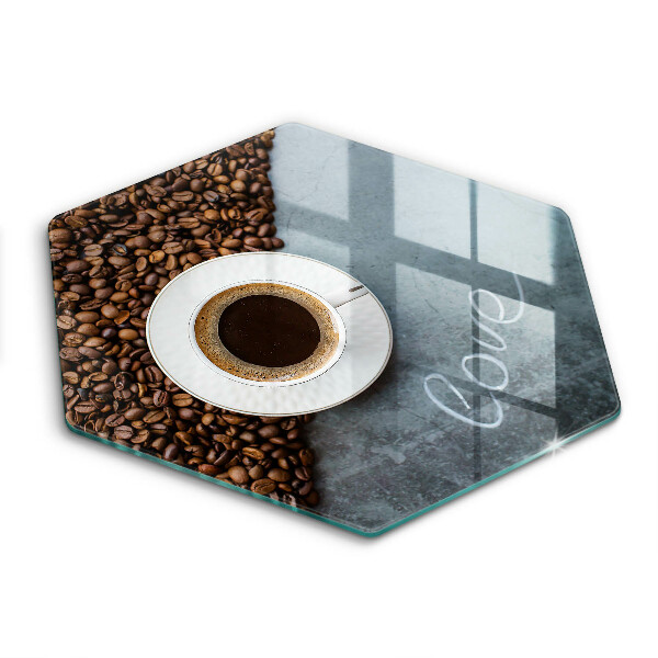 Chopping board Coffee beans and cup