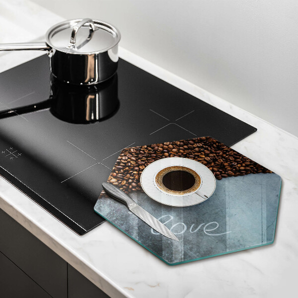 Chopping board Coffee beans and cup