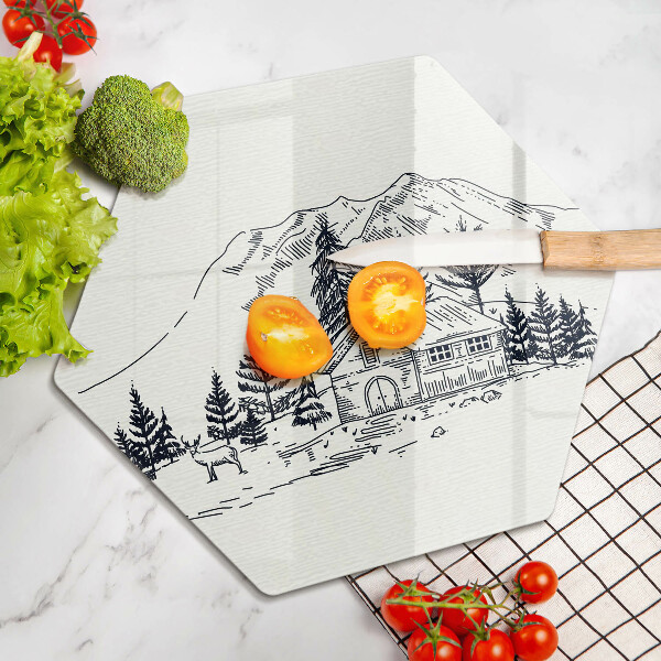 Chopping board Drawing a house in the mountains