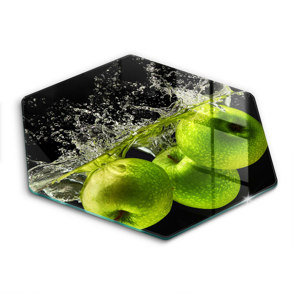 Chopping board glass Green apples and water