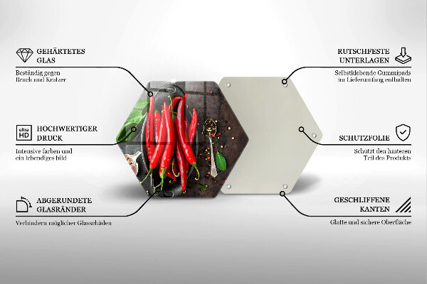 Chopping board glass Red chili peppers