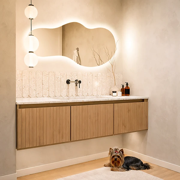 LED backlit mirror pebble shape for wall 17x35 in