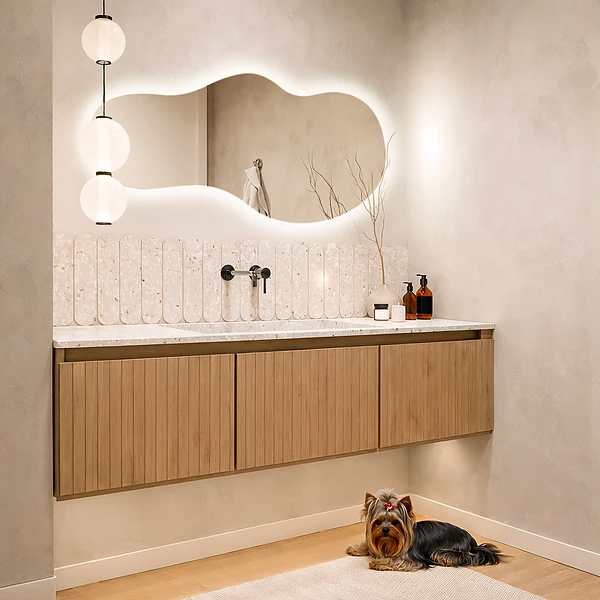 LED backlit mirror pebble shape for wall 17x35 in