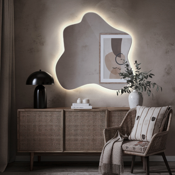 Irregular splash shaped lighted mirror 68x67 cm
