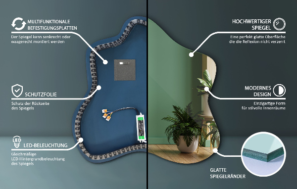 Irregular splash shaped lighted mirror 68x67 cm