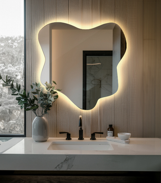 Irregular splash shaped lighted mirror 68x67 cm
