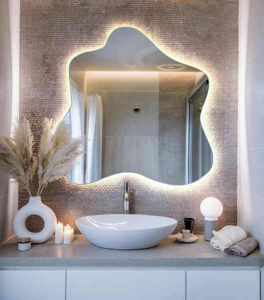 Irregular splash shaped lighted mirror 77x77 cm