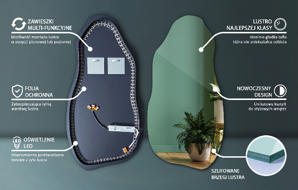 organic mirror with led lights modern 50x100 cm