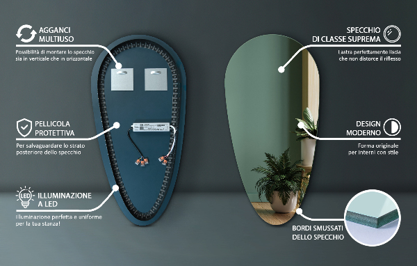 Led bathroom mirror drop shape 45x90 cm