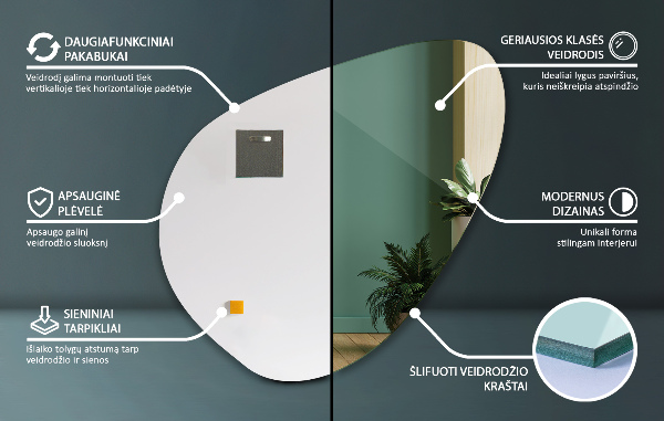 Organic mirror frameless loft-style for the bathroom 68x67 cm