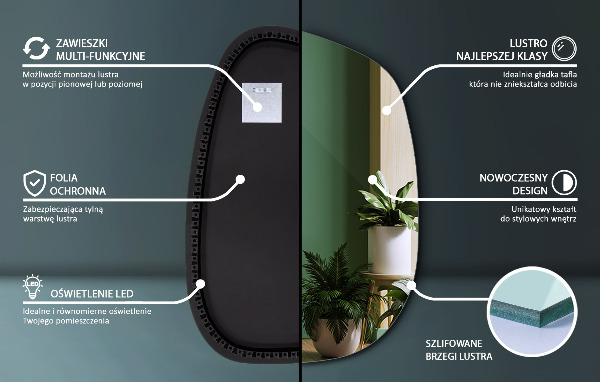 Asymetric led light mirror 79x57 cm