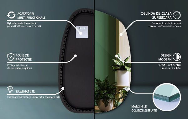 Led backlit mirror pebble shape 91x66 cm