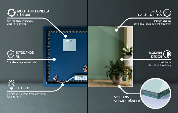 Rectangular led mirror without frame 60x40 cm