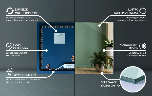 Modern rectangle mirror with lights 70x50 cm