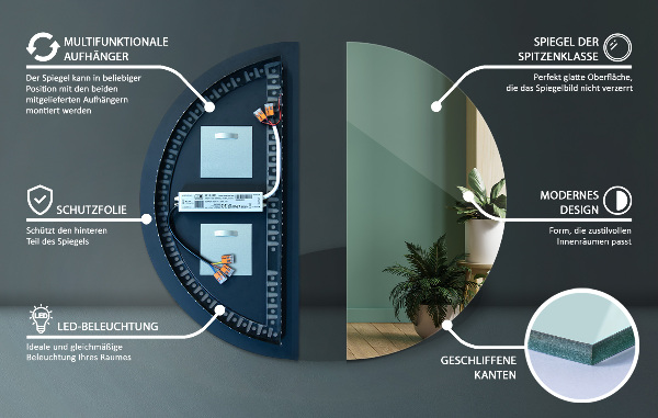 Half-circle led light mirror 25x50 cm