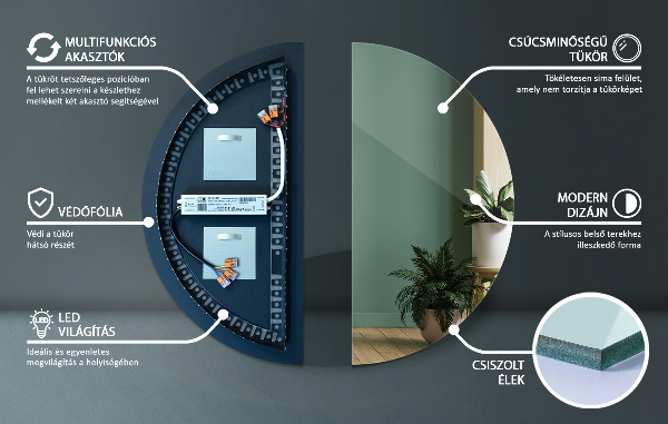 Led semi-circular mirror 30x60 cm