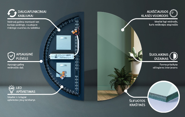 Led illuminated semi-circle mirror 35x70 cm