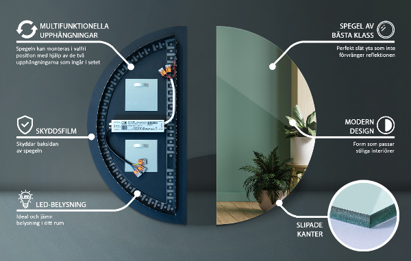 Led illuminated semi-circle mirror 35x70 cm