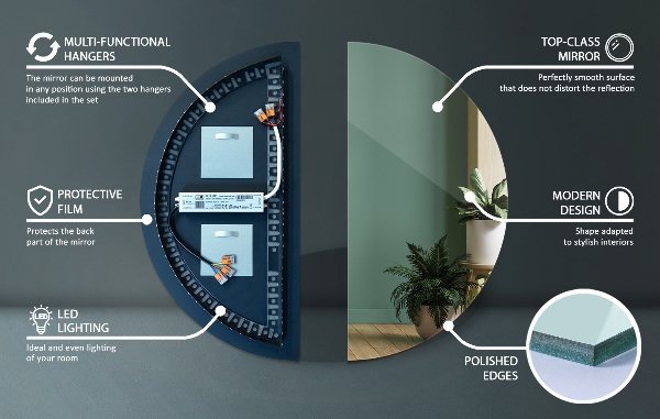 Led illuminated semi-circle mirror 35x70 cm