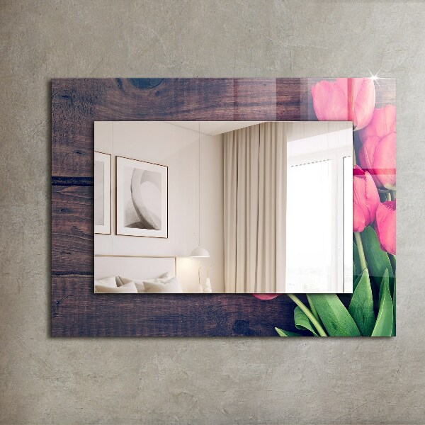 Wall mirror design Wood with pink tulips