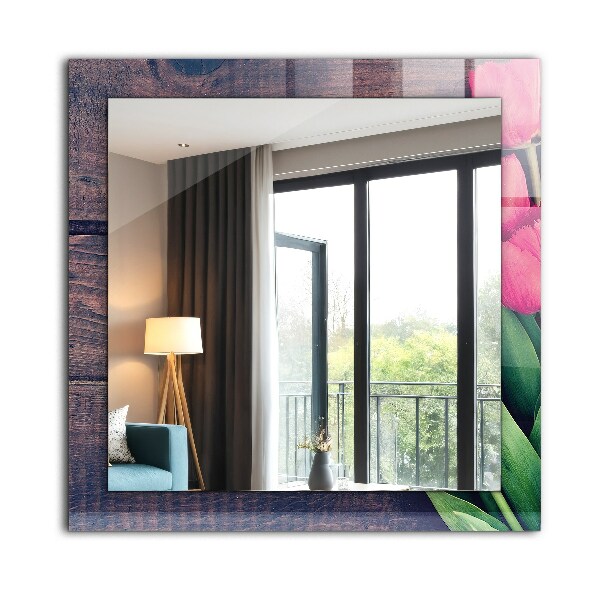 Wall mirror design Wood with pink tulips