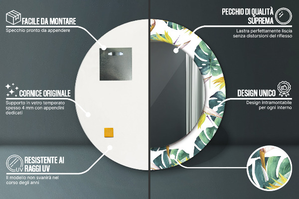 Round printed mirror Tropical leaves