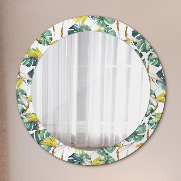 Round printed mirror Tropical leaves
