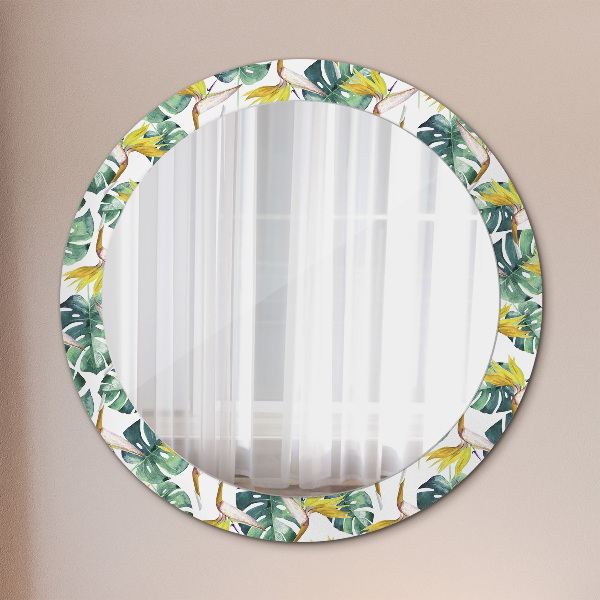 Round printed mirror Tropical leaves