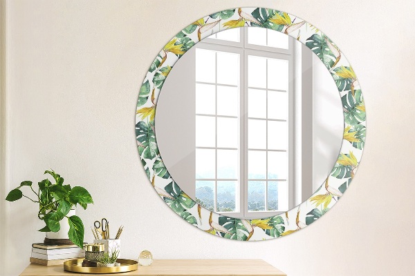 Round printed mirror Tropical leaves