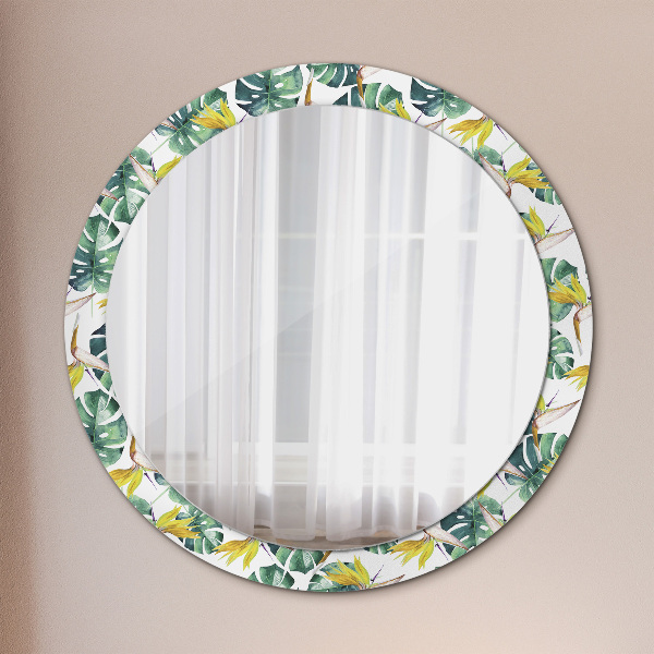 Round printed mirror Tropical leaves
