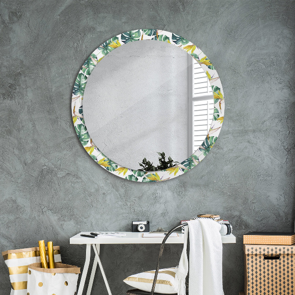 Round printed mirror Tropical leaves