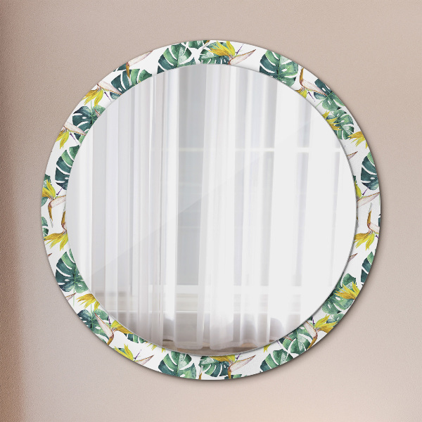Round printed mirror Tropical leaves