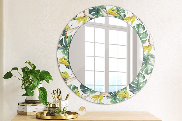 Round printed mirror Tropical leaves