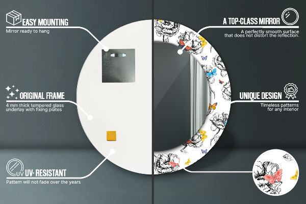 Round mirror frame with print Butterfly