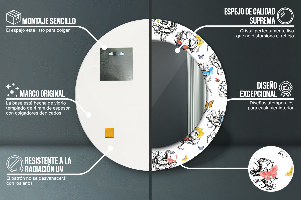 Round mirror frame with print Butterfly