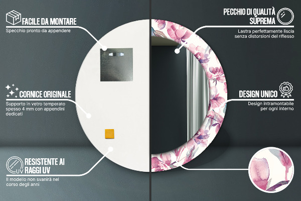 Round mirror frame with print Peonies flowers