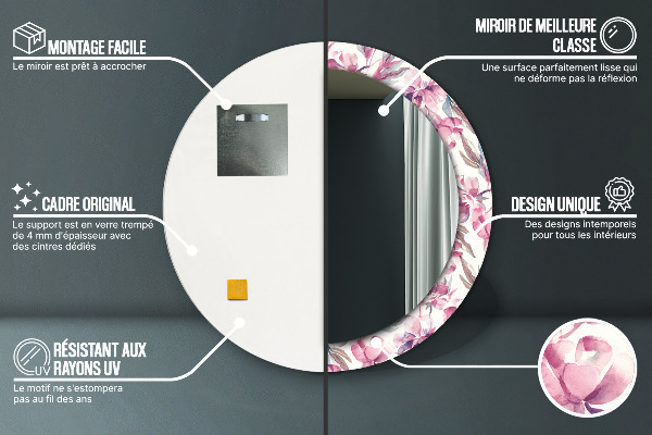 Round mirror frame with print Peonies flowers