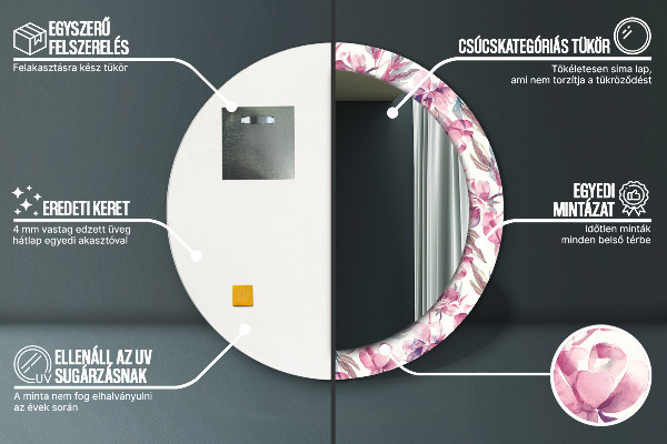 Round mirror frame with print Peonies flowers