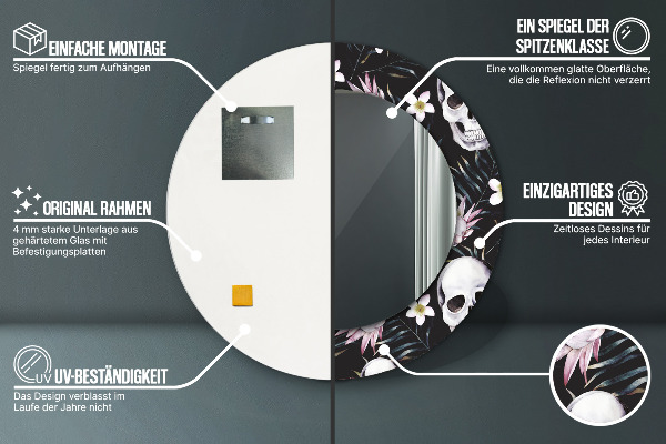 Round decorative mirror Skull flowers