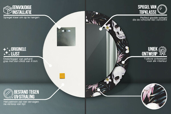 Round decorative mirror Skull flowers