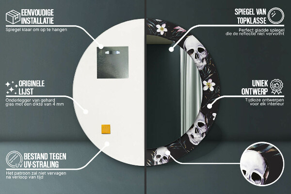 Round decorative mirror Skull flowers