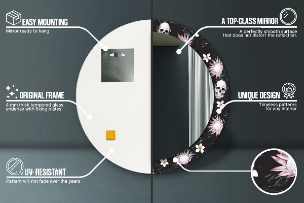 Round decorative mirror Skull flowers