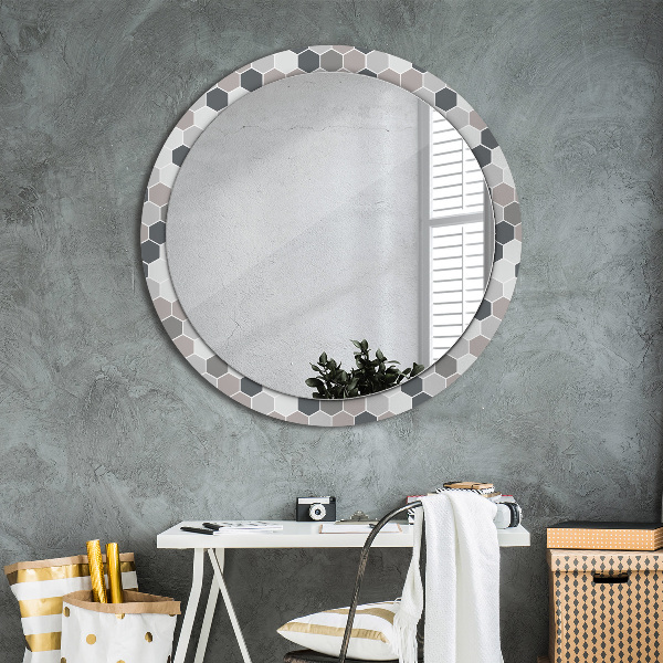 Round mirror frame with print Hexagonal pattern