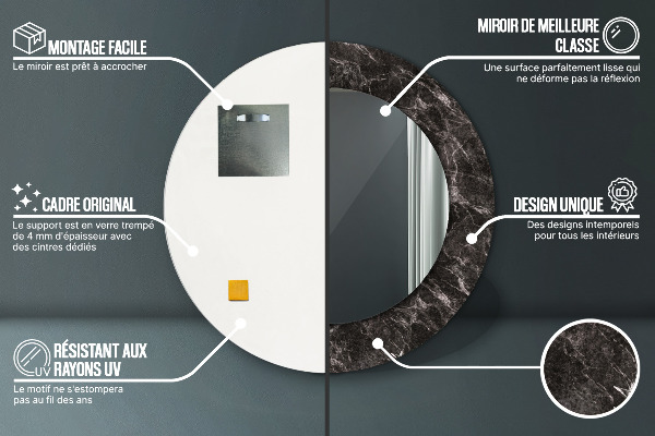 Round mirror frame with print Black marble