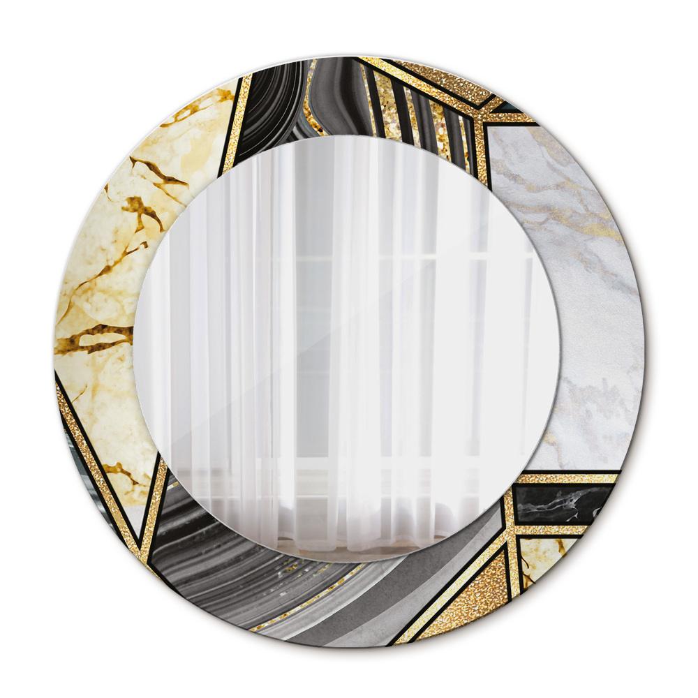 Round printed mirror Agat and gold marble
